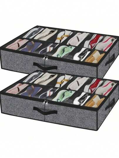 1pc 12-Grid Foldable Fabric Shoe Box With Transparent Cover, Dual Handles & Viewing Window, Suitable For Under Bed, Wardrobe, Bedroom, Dorm, Space-Saving Bedroom Accessory (Random Color)