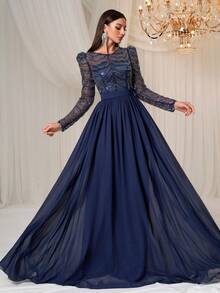 YISIKADO Elegant Chiffon Contrast Sequin Net Round Neck Puff Sleeve Prom Party Women Dresses Formal & Evenning - 藏蓝色 - 查看 3