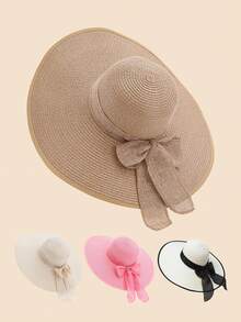 1 件女童 12-16 岁蝴蝶结丝带沙滩草帽，大遮阳帽檐夏季度假防晒遮阳宽边太阳帽，多功能
