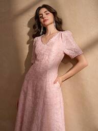 Elegant V-Neck Beaded Puff Sleeve A-Line Luxury Fashion Midi Dress For Women