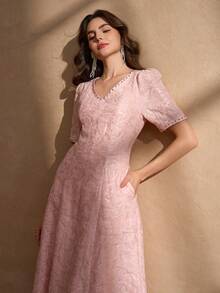 Elegant V-Neck Beaded Puff Sleeve A-Line Luxury Fashion Midi Dress For Women - Pink - View 3