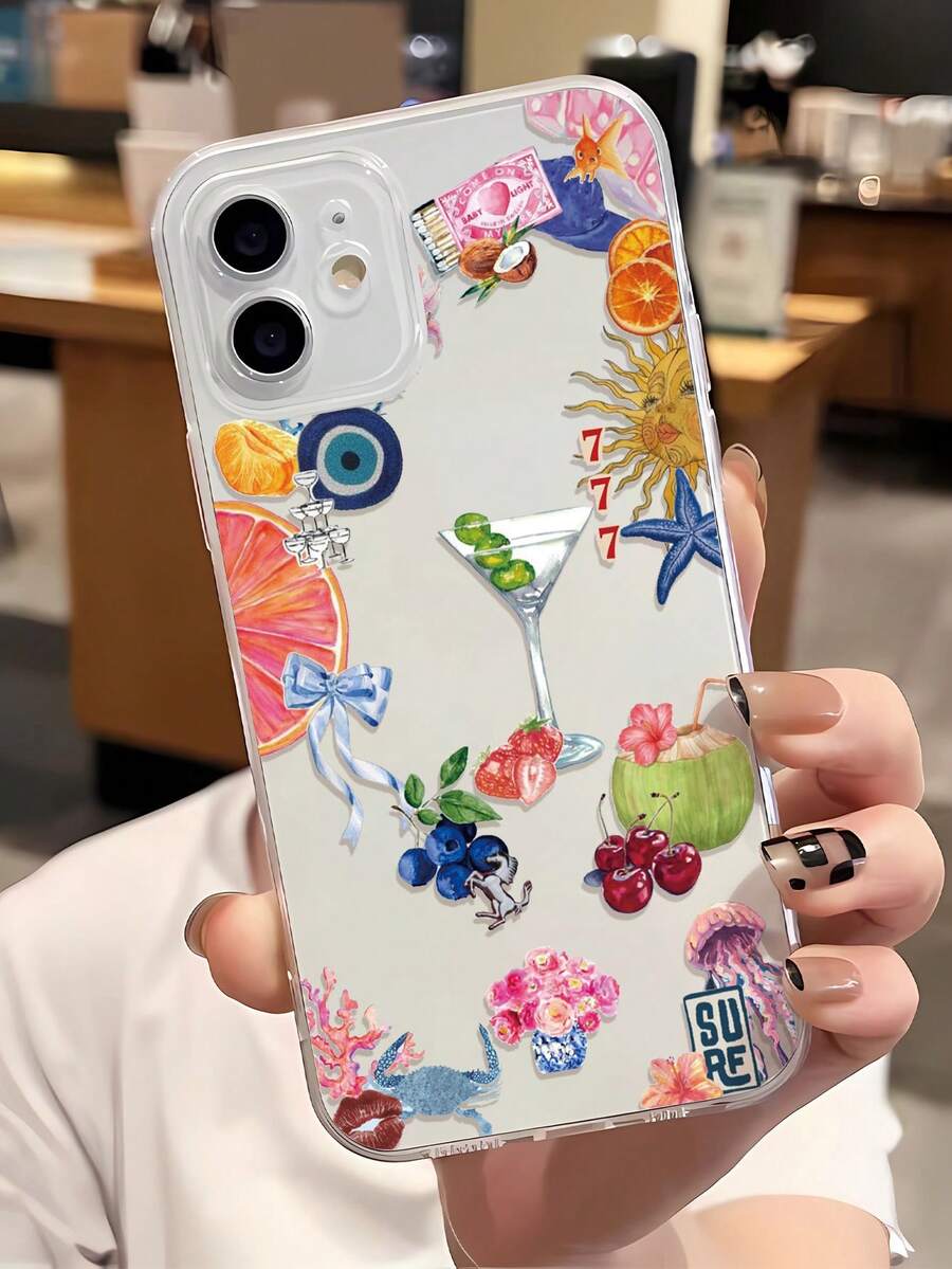 Resort Style 1pc Summer Fruit Cocktail & Sun Design Fully Covered TPU Phone Case Compatible With IPhone 16/16Pro/16Plus/15/15ProMax/15Pro/11/12/13/14ProMax/12Mini/13Mini/11Pro/11ProMax/12Pro/12ProMax/13Pro/13ProMax/14Pro/14ProMax, Soft Case, Stylish & Creative - Multicolor - View 1
