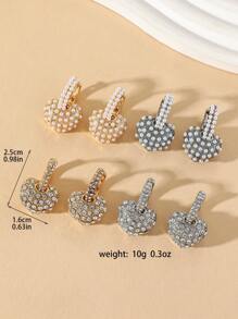 1pair European Style Alloy Heart-Shaped 3D Effect Rhinestone & Pearl Decorated Dangling Earrings With Metal Ear Hoops, Gift & Daily Wear For Women