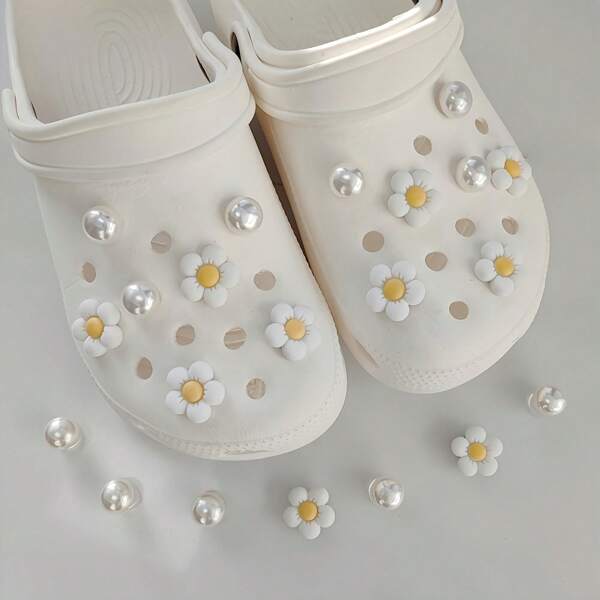 7pcs/14pcs Pearl Flower Shoe Charms, ABS DIY Decorations For Clogs, Sandals, And Hole Footwear, Versatile For Valentine'S Day, Easter, Mardi Gras, Christmas - Craft Accessories For Party And Dance