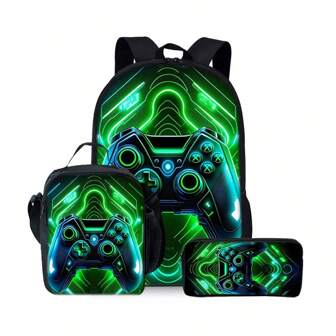 Gamepad-tryckt ryggsäck i tre delar (ryggsäck i ett lager + lunchväska med axelrem + pennväska i ett lager)