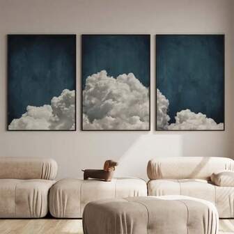 3 Stampe di cielo tranquillo e nuvole bianche, scenario moderno decorato con blu scuro, opere d'arte da parete per soggiorno e camera da letto, con opzione cornice