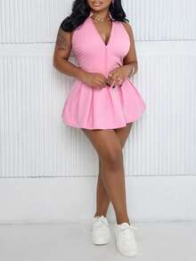 BIUBIU Women's Plus Size Fashionable And Casual Solid Color Zipper Half Front Fashionable Tank Pleated Skirt Jumpsuit ,Academic Sexy And Playful Style - Pink - View 5