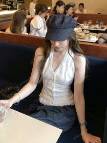 Lace Fitted Halter Neck Sleeveless Top, Slimming