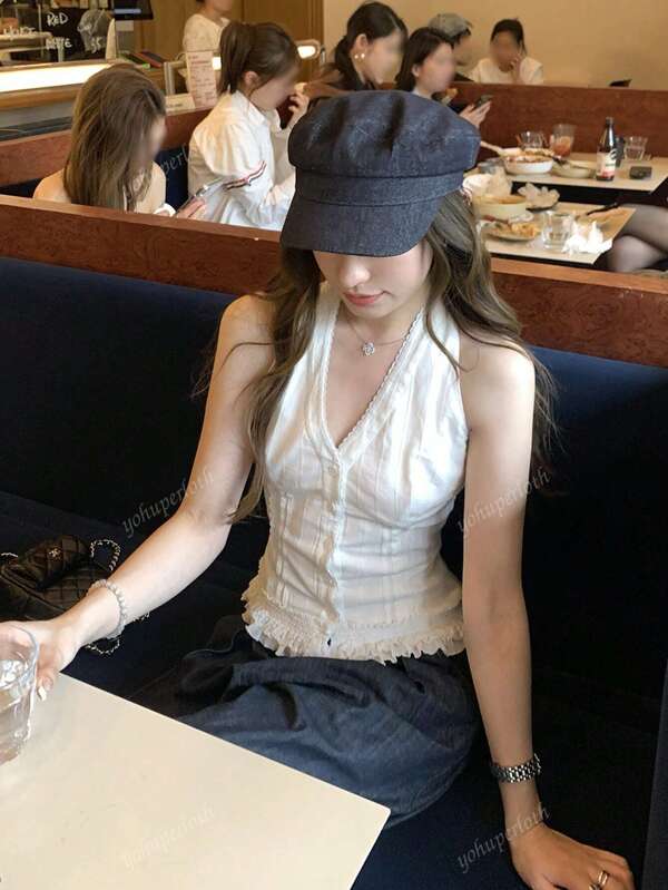 Lace Fitted Halter Neck Sleeveless Top, Slimming