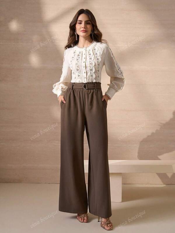 Women's Elastic Waist Metal Buckle Wide Leg Pants, Elegant For Commuting