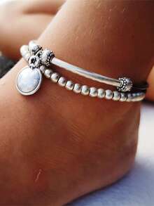 1pc Boho Leather Rope Beaded Round Pendant Anklet, Fashionable Geometric Bead Charm Jewelry (Random Number Of Beads) - Silver - View 1