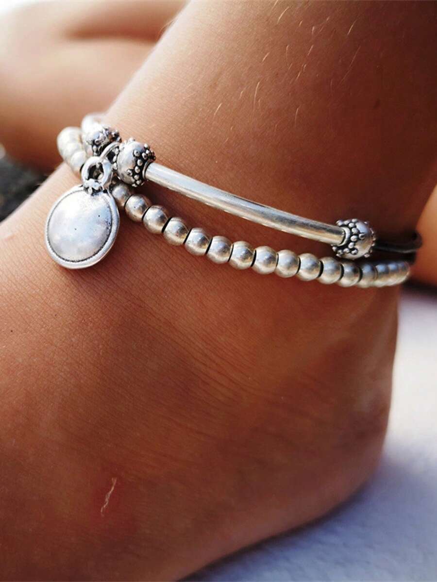 1pc Boho Leather Rope Beaded Round Pendant Anklet, Fashionable Geometric Bead Charm Jewelry (Random Number Of Beads) - Silver - View 1