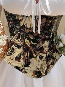 Women Vintage Floral Waist Trainer, Cincher Corset Bustier Top With Back Tie, Suitable For New Year Party, Valentine's Day, Holiday Outfits