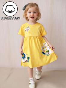 Vestido de punto de algodón de manga corta con estilo para niña, con patrón bordado de flores de dibujos animados, transpirable y con estilo para el verano - Amarillo - Ver 1