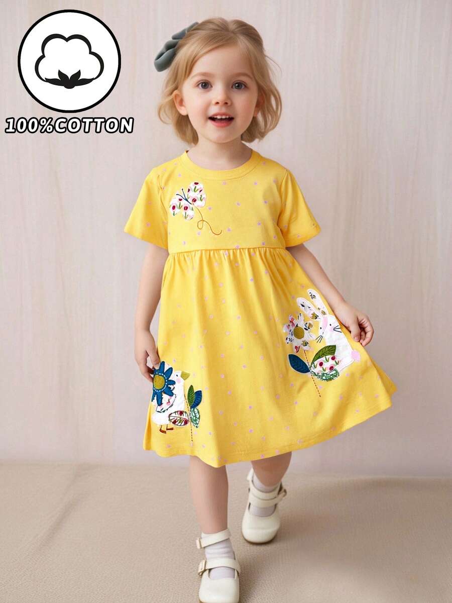 Vestido de punto de algodón de manga corta con estilo para niña, con patrón bordado de flores de dibujos animados, transpirable y con estilo para el verano - Amarillo - Ver 1
