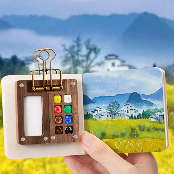 8-Square Mini Wooden Watercolor Set With Clip - Portable Travel Painting Palette, Includes Brushes, No Paint Needed, Perfect For Sketching On The Go, Art Supplies|Portable Art Set|Wooden Palette,Back To School,School Supplies