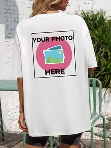 Customized Pattern Women Loose Casual T-Shirt, Personalized Photo Printing, Upload Your Selfie/Group Photo/Friends, Designed For Birthday/Holiday/Anniversary, Women White Tee, Spring/Summer Loose Short Sleeve Top, Holiday Gift, Spring/Summer Clothing, Special Gift, Creative Gift, Couple/Best Friend Matching - White - View 1