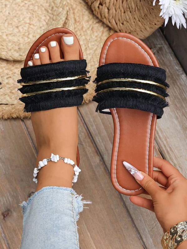 Damen Mode Sandalen mit flachem Absatz, weiche Sohle rutschfest Sommer Offene Zehen Urlaub Lässig Pantoffeln
