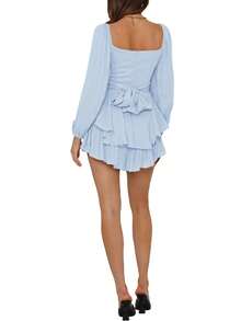 Womens Lantern Ruffle Romper Off Shoulder Puff Sleeve Flowy Lyaner Romper Dress Smocked Short Jumpsuit Playsuits - Màu xanh nhạt - Xem 4