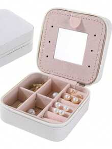 1 件迷你复古便携式珠宝收纳盒，带项链钩、法兰绒面料、拉链开合和内置镜子 - 矩形桌面收纳盒，用于戒指、耳环和项链 - 非常适合紧凑型旅行珠宝盒 - 安全的拉链、戒指、项链和耳钉收纳装置