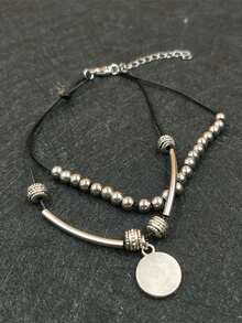 1pc Boho Leather Rope Beaded Round Pendant Anklet, Fashionable Geometric Bead Charm Jewelry (Random Number Of Beads) - Silver - View 3