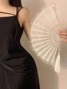 1pc Retro Black Lace Folding Fan, Chinese Style Hanfu Cheongsam Photography Prop With Tassel,Spring Summer Picks,Brides Maid Gifts,Room,Bedroom Deccor,Bedroom Deccor,Beach,Travel,For Men,For Women,Vacation - Multicolor - View 10