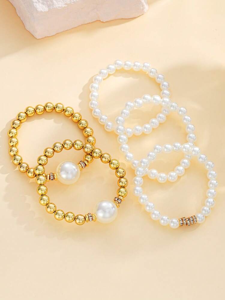 Bộ 5 chiếc/Bộ Vòng Tay Ngọc Trai Giả Phong Cách Punk Sang Trọng Thanh Lịch Cổ Điển Dành Cho Phụ Nữ & Bé Gái, Thích Hợp Để Đeo Hàng Ngày, Đám Cưới, Ngày Lễ, Tiệc Tùng - Bạc-6179002HB - Xem 10