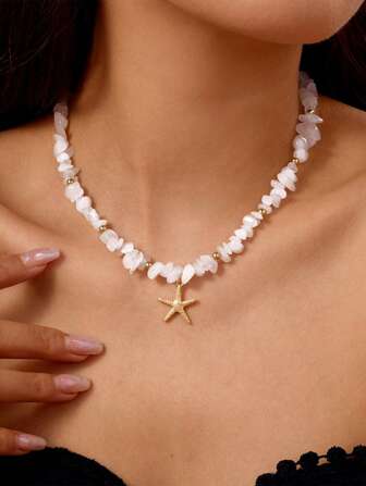 1 件时尚海洋度假串珠金属海星吊坠项链，采用粉色石珠设计，适合日常佩戴和旅行