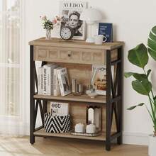 FATORRI Rustic Short 3 Shelf Bookshelf For Living Room, Industrial Low Wood Bookcase, Farmhouse Small Book Shelf For Small Space (Walnut Brown) - Rustic Oak - View 10