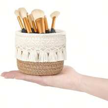 1 Stück handgewebter Aufbewahrungskorb mit Quastendetails - hypoallergen, leichter Tischorganizer-Kasten für Kosmetik, Stifte usw. - Naturweißer Faser, Ins-Stil gewebter Make-up-Pinselhalter, Stifthalter, Desktop-Organizer-Korb, Bestseller-Quastenhalter Tischorganizer-Korb für Kosmetik, Make-up-Pinsel