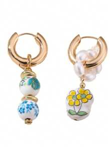 2 buc Cercei ceramici cu fluture și flori, cu mărgele, primăvară/vară, picătură de ulei cu perle artificiale, multicolori, potriviți pentru exterior, plajă, naveta, accesorii de zi cu zi