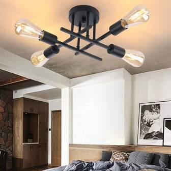 1pc 2/4 Bulb E27 Lamp Base Ceiling Lamp, Matte Black Modern Satellite Close To Ceiling Light, Chandelier Ceiling Fixture For Bedroom, Kitchen, Living Room, Dining Room
