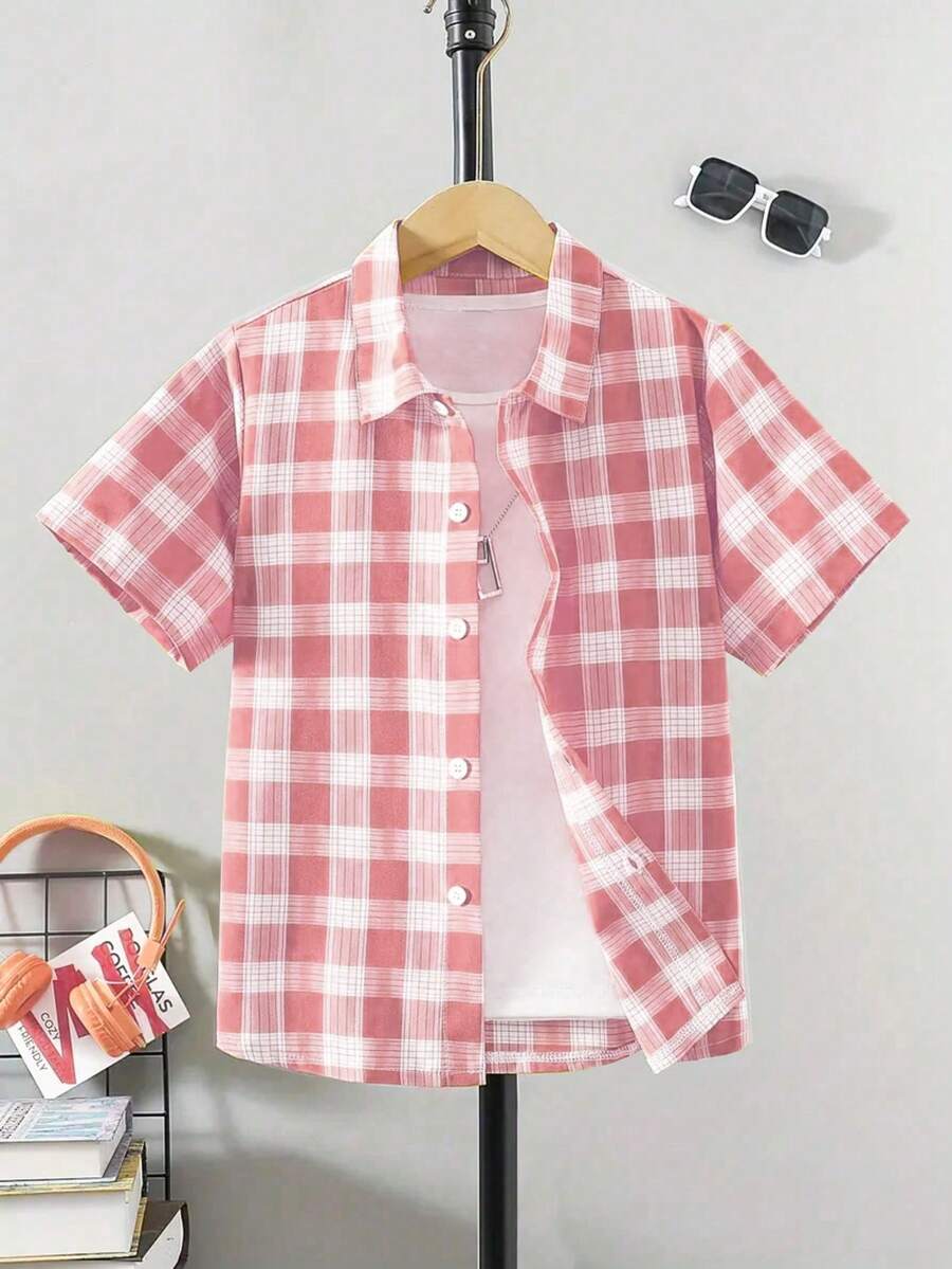 Camisa polo xadrez casual para meninos, manga curta, adequada para uso diário, passeios, férias, festas - Rosa - Ver 1