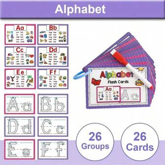 26PCS English Alphabet Natural Phonics Flash Cards, English Word Cards, Reusable