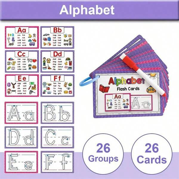 26 tarjetas de aprendizaje flash de alfabeto y fonética en inglés, tarjetas de palabras en inglés, reutilizables