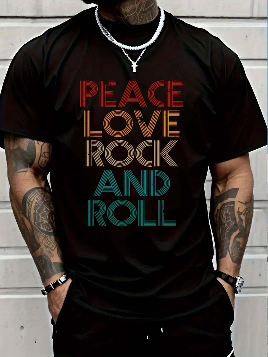 Peace Love Rock N Roll Tee Vintage Band Rock Concert Lovers-Shirt Graphic Tees Summer Clothes Men Shirts Street Wear - Black - View 1