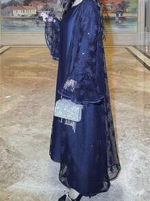 Hafizah 女士棕色蕾丝缎面两件套穆斯林长袍，细节精致 - 藍色 - 查看 6