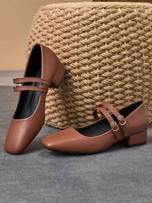 MonaNise 女士 3 厘米布面高跟鞋黑色时尚百搭海军蓝、咖啡色、酒红色粗跟低跟玛丽珍鞋 - 棕色 - 查看 2