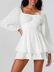 Women Puff Long Sleeve Romper Off Shoulder Ruffle Flowy Short Jumpsuit Layered Pirate Dress With Shorts Playsuit - White - View 6