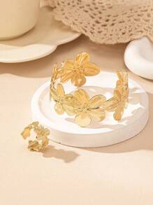 1 Set Vintage Geometric Floral Open Bangle Bracelet & Open Flower Ring, Elegant Chic Style Women Jewelry Set
