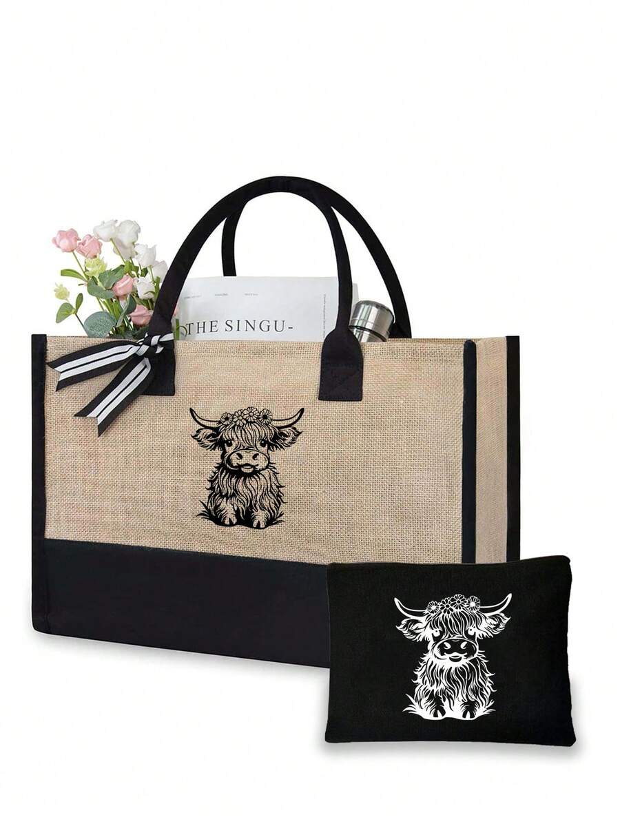 可爱的高地牛主题手提包套装，包括一个手提包和一个黑色零钱包，可爱的高地牛和卡通花朵图案，大容量手提包、单肩包、亚麻购物袋、沙滩包；化妆包、指甲油收纳袋