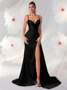ADYCE 深V领细肩带正式礼服，高开衩设计，高腰露背，系带款式，适合舞会、盛会或各种活动，可用作派对长裙、婚礼宾客礼服、正式礼服或晚礼服。 - 黑色 - 查看 8