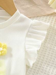 2pcs/Set Young Girls Cute 3D Flower Decor Round Neck Short Sleeve Casual Tank Top And Yellow Floral Hem Shorts Set, Summer - White - View 6