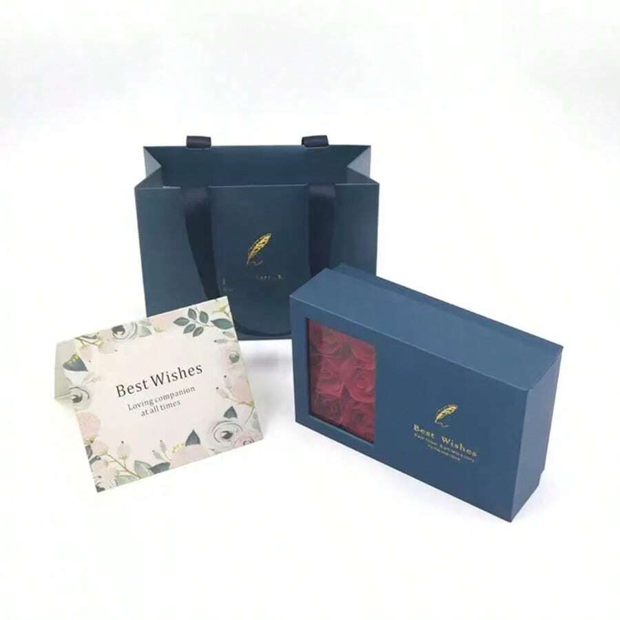 Caja regalo con 6 rosas diseño de pluma ideal para joyería anillos colgantes pulseras caja detalle especial empaque elegante organización para regalos presentación romántica fiestas eventos - Azul - Ver 1