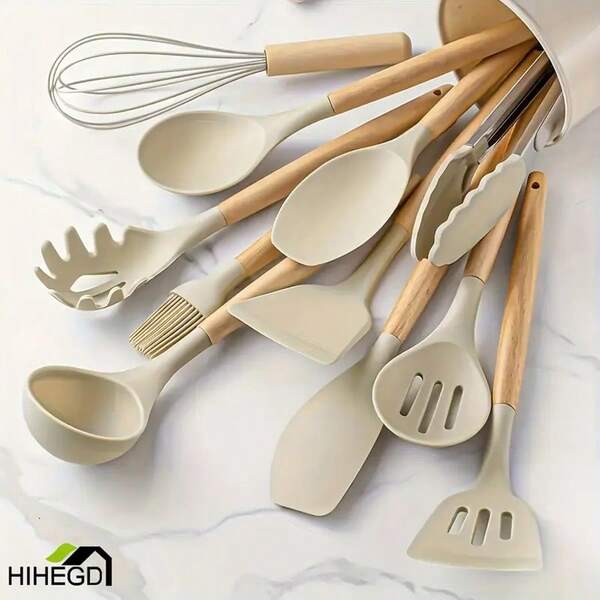 TAIMASI [Non-Stick Utensil Set] 12pcs Non-Stick Silicone Kitchen Utensil Set With Wooden Handles | Saf-E And Easy To Clean - Perfect For Cooking And Baking - Ideal For Back To School And Dorm Essentials