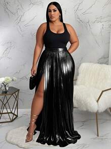 Plus Size Women's Summer Solid Color Pleated Side Slit Hem Fashion A-Line Skirt