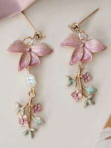 2pcs Flower Pearl Leaf Tassel Earrings, Fashion Sweet Cherry Blossom Earrings Suitable For Women Daily, Beach, Party, Anniversary Wear, Jewelry Gift - 彩色 - 查看 3