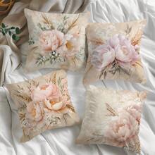 Set de 4 fundas de cojín con ramo de flores y trigo en color rosa, de material de terciopelo durazno suave, adecuado para sala de estar, dormitorio, sofá, decoración del hogar, impresión unilateral, medida de la funda de almohada: 45*45CM, regalo