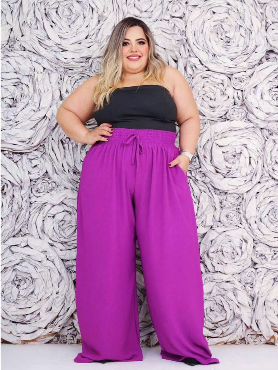 Women's PLUS SIZE Wide Leg Pants With Firm And Structured Waistband, Very Fluid, Fits Up To Size 60 - 玫瑰紅 - 查看 1