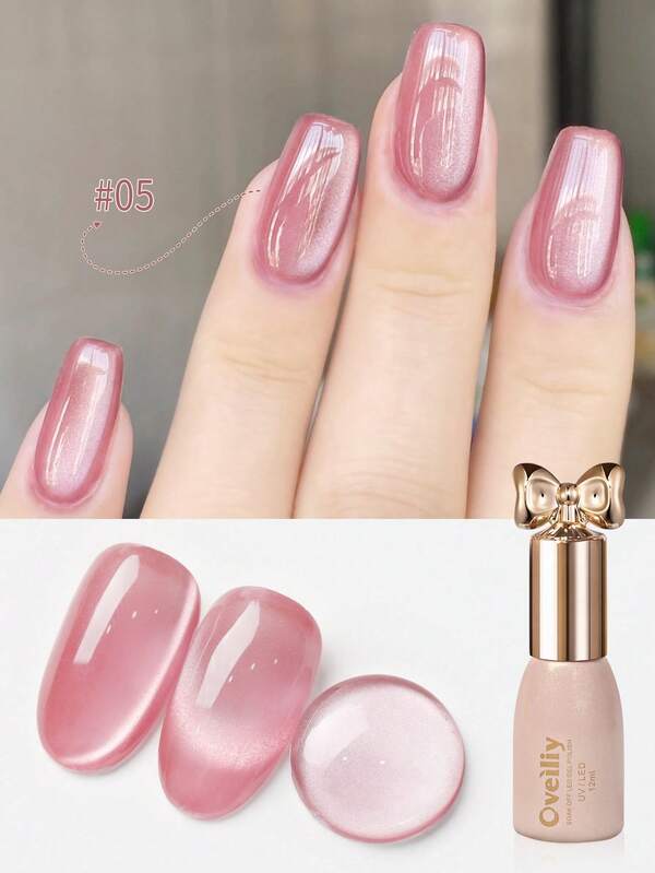 Oveiliy Esmalte de uñas en gel de ojo de gato rosa satinado de 12 ml, transparente rosa desnudo de dos colores con cuentas de cristal de ojo de gato, popular en salones de uñas y hogares, exclusivo para otoño e invierno. Nuevo esmalte de uñas en gel de ojo de gato de cuentas de cristal azul simple y de alta gama 2025.